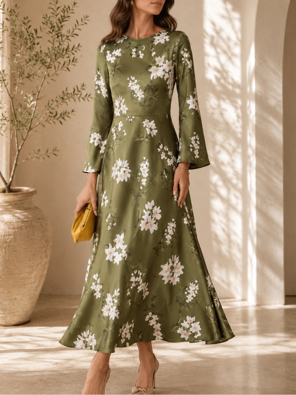 Sachin + Babi Olive Green Floral Bias Midi Dress